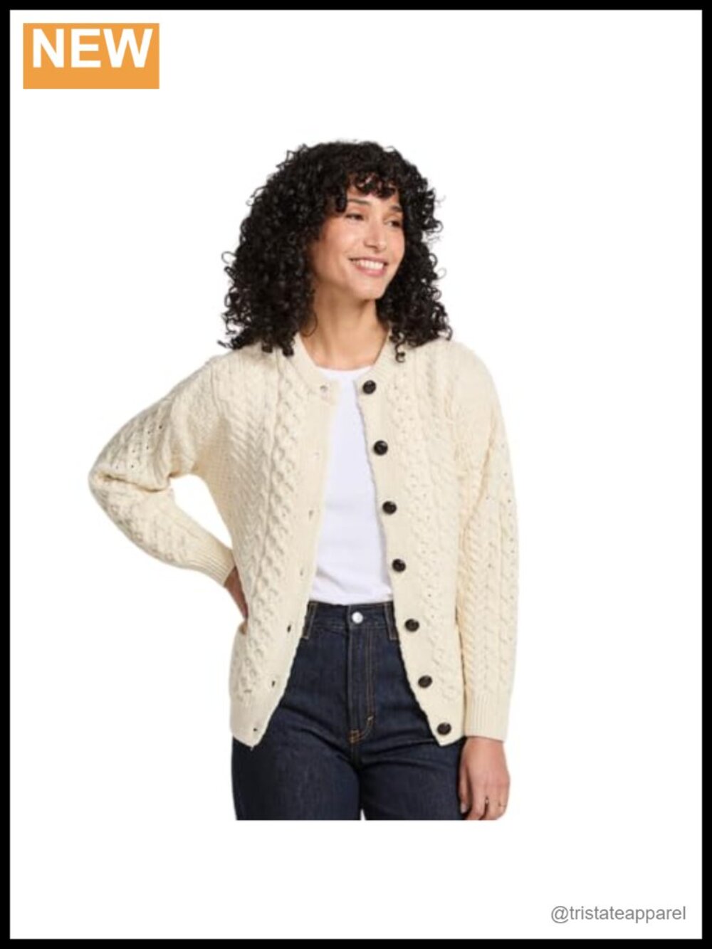 100% Merino Wool Women's Cable Knit Cardigan, Irish Aran Sweater with Pockets,